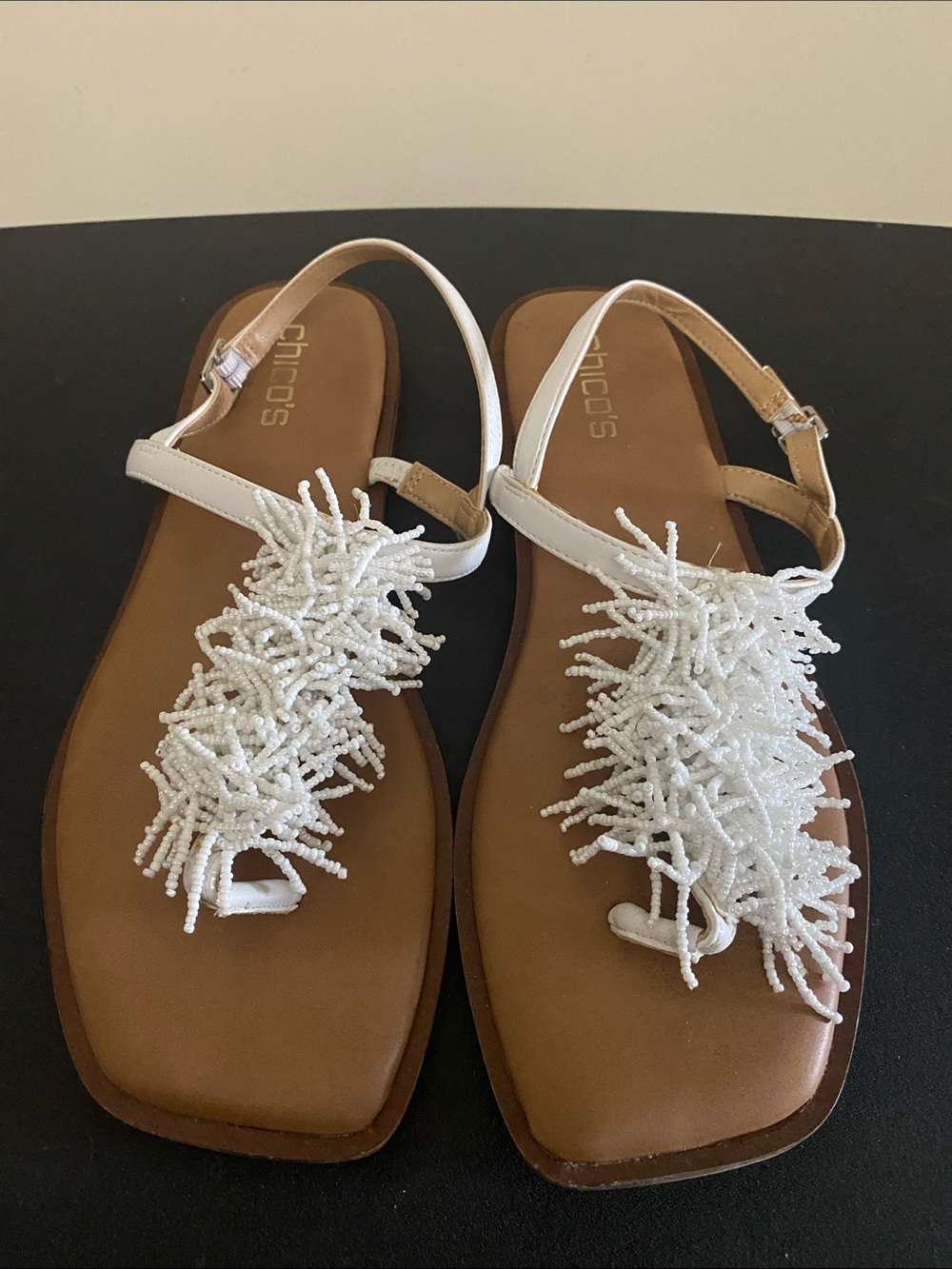 Chico's White Beaded T-Strap Sandals